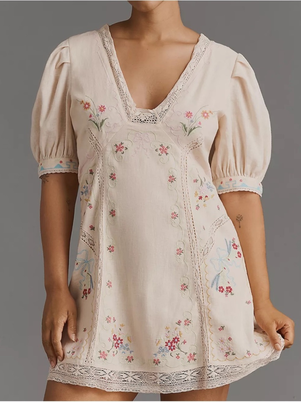 NWOT By Anthropologie Linen Blend Puff-Sleeve V-Neck Mini Dress Size 14